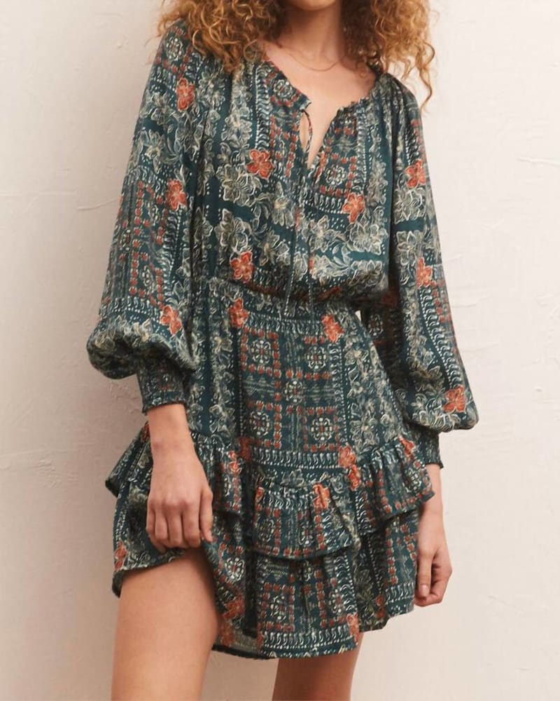 Front of a model wearing a size L Jo Printed Mini Dress in Multi in Multi by Z Supply. | dia_product_style_image_id:345625